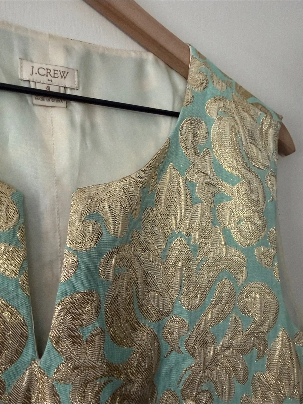 J. Crew Aqua and Metallic Gold Brocade Sleeveless Top